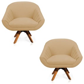 Kit 02 Poltronas Giratória Giovana Linho Base Madeira MM30 D01 - D'Rossi - A27 Areia