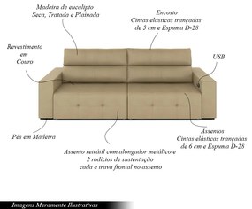 Sofá Retrátil 3 Lugares 204cm 2 Módulos Nero com USB Couro Bege G52 - Gran Belo
