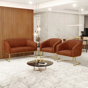 Namoradeira e 2 Poltronas Industrial Dourado Stella Sintético PU D03 - D'Rossi - Nozes