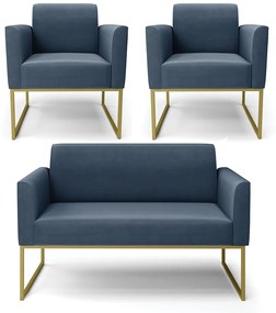Sofá Namoradeira com 2 Poltronas Base Industrial Dourado Marisa Suede Azul Marinho D03 - D'Rossi