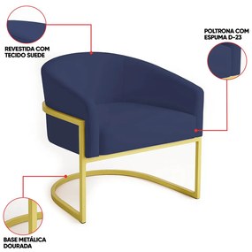 Poltrona Sala Decorativa Industrial Dourada Kit 2 Arielle Suede - Azul Marinho