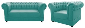 Kit Poltrona e Namoradeira Chesterfield Ana Suede Azul Tiffany - ADJ Decor
