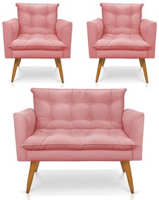 Kit 1 Sofá Namoradeira e 2 Poltronas Tais Suede Pés Palito Castanho - D'Rossi - Rose