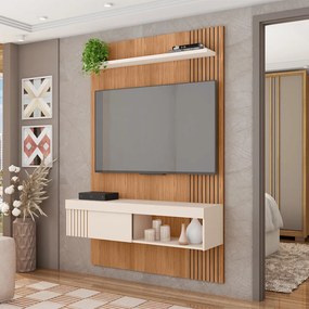 Painel TV 45 Pol 120cm Bancada Suspensa Ripado Luana Freijó/Off White C01 - D'Rossi