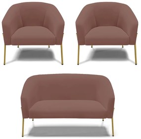 Namoradeira e 2 Poltronas Pé de Ferro Dourado Stella Veludo D03 - D'Rossi - Rose