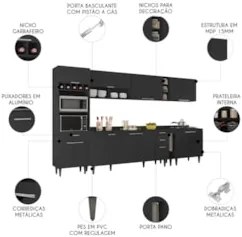Armário de Cozinha Com Tampo CP07 340cm Pérola Preto Z34      - Mpozen