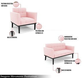 Conjunto 2 Poltronas e 1 Namoradeira Decorativa Karen Pés Fixo em Madeira Preto Suede Rosa Bebê G19 - Gran Belo