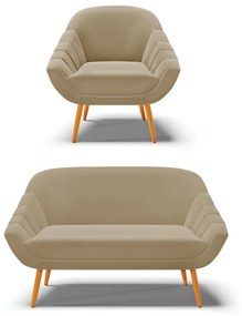 Kit 01 Namoradeira 02 Lugares e 01 Poltrona Giovana Suede Pés Palito Castanho - D'Rossi - Marrom Rato