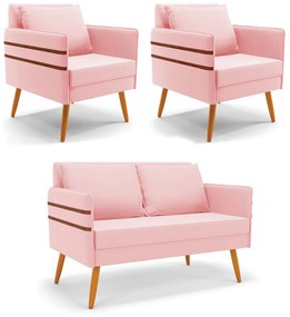 Kit 01 Namoradeira 02 Lugares e 02 Poltronas Mari Suede Pés Palito Castanho - D'Rossi - Rosa Bebê