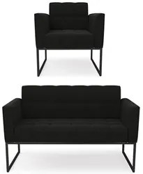 Sofá Namoradeira e 1 Poltrona Base Industrial Preto Ana Suede Preto -