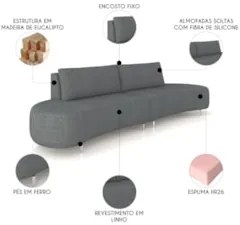 Sofá 3 Lugares 200cm Orgânico Pé Ferro Nagai Linho Grafite Z55 - Mpoze