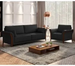 Kit Sofá Living 3 Lugares e Poltrona 102cm Pés Madeira Roya Z32 PU Pre