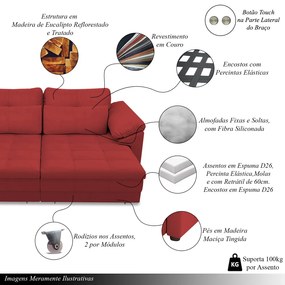 Sofá Retrátil Elétrico Sala de Estar Nolan Bipartido 339cm Conforto Premium em Couro Vermelho G58 - Gran Belo