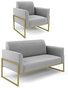 Sofá Namoradeira com Poltrona Base Industrial Alta Dourado Marisa Suede D03 - D'Rossi - Cinza