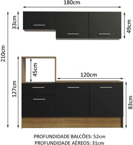 Cozinha Compacta Madesa Onix 180001 com Armário e Balcão - Rustic/Preto Marrom