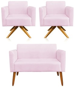 Kit 01 Namoradeira 02 Lugares e 02 Poltronas Marisa Suede Rosa Bebê Base Giratória Madeira MA30 D'Rossi