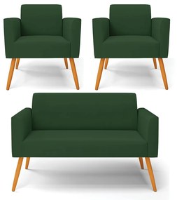 Sofá Namoradeira com 2 Poltronas Pés Palito Castanho Marisa Veludo D03 - D'Rossi - Verde