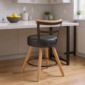 Banqueta Baixa Cozinha 50cm Encosto Pé Madeira Kyara Pu S02 - D'Rossi - Preto