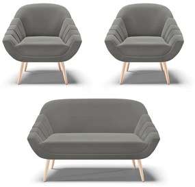 Kit 01 Namoradeira 02 Lugares e 02 Poltronas Giovana Suede Grafite Pés Palito Natural - Indo Decorar