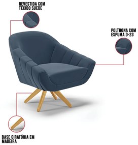 Kit 01 Namoradeira 02 Lugares e 02 Poltronas Giratória Giovana Suede Base Madeira MA30 D03 - D'Rossi - Azul Marinho