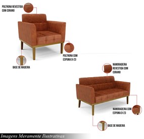Conjunto 2 Poltronas e 1 Namoradeira Decorativa Karen Pés Fixo em Madeira Castanho Pu Nozes G19 - Gran Belo