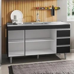 Balcão Gabinete com Pia Inox 150cm 3 Portas 3 Gavetas Andréia Preto To