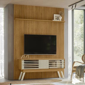Conjunto Painel com Bancada Tremor 2 Portas Deslizantes 2 Prateleiras MDP até 65 Cumaru/Opala G97 - Gran Belo
