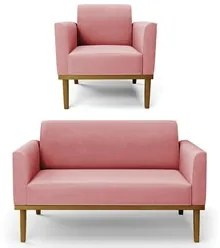 Sofá Namoradeira e 1 Poltrona Base Madeira Castanho Maressa Suede Rosê