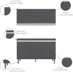 Armário Aéreo Andréia e Balcão Gabinete sem Tampo Manu 120cm Cinza - A