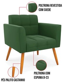 Kit 1 Sofá Namoradeira e 2 Poltronas Elisa Suede Verde Pés Palito Castanho D03 - D'Rossi