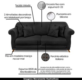 Sofá Decorativo 180cm 2 Lugares com 4 Almofadas Armstrong Veludo Preto G63 - Gran Belo