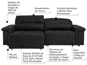 Sofá Retrátil e Reclinável 3 Lugares Maitê 226 cm Couro Preto G43 - Gran Belo