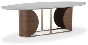 Mesa de Jantar Suzume Oval Tampo com Vidro Pintado Base com Laminado Melamínico Detalhe em Aço Carbono
