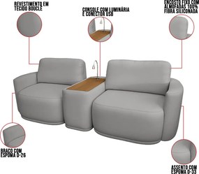 Sofá Sala Modulado 211cm com Console USB Luminária Brumma Bouclê K01 - D'Rossi - Cinza