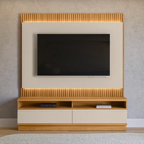 Painel com Rack Bancada Singapura 180cm MDP/MDF TV até 70 Ripado Tauari/Off White G77 - Gran Belo