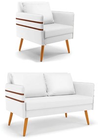 Kit 01 Namoradeira 02 Lugares e 01 Poltrona Mari Corino Pés Palito Castanho - D'Rossi - Branco