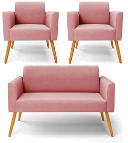 Sofá Namoradeira com 2 Poltronas Pés Palito Castanho Marisa Suede D03 - D'Rossi - Rose