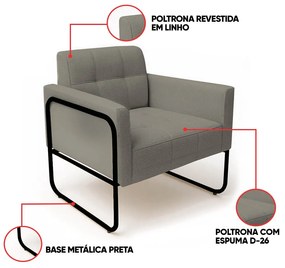 Poltrona Sala Industrial Alta Tubo Preto Elisa Linho D03 - D'Rossi - Grafite