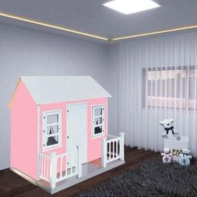 Casinha de Brinquedo com Cercado e Cortinas Rosa/Branco L12 - Gran Belo