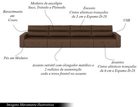 Sofá Retrátil 6 Lugares 364cm 4 Módulos Nero com USB Couro Manchado G52 - Gran Belo