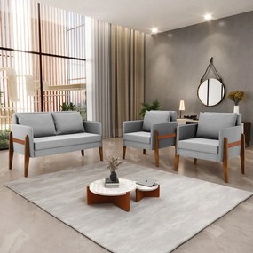 Kit 1 Sofá Namoradeira e 2 Poltronas Lana Suede Cinza Base de Madeira - D'Rossi