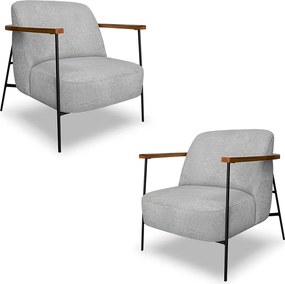 Kit 2 Poltronas Sala de Estar Pés em Ferro Preto Braço Madeira Maciça 86cm Thane Bouclê Cinza G63 - Gran Belo