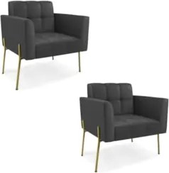 Poltrona Sala Pé Metal Dourado Kit 2 Ana Sintético Preto - Ibiza