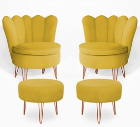 Conjunto 2 Poltrona Dália com 2 Puff Chloe Pés Hairpin Legs Bronze Veludo Amarelo