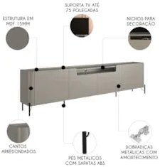 Rack TV 75 Pol 220cm 4 Portas Lisas Blen Grigio/Preto I06 - Mpozenato