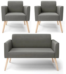 Sofá Namoradeira com 2 Poltronas Pés Palito Natural Marisa Suede Grafite D03 - D'Rossi