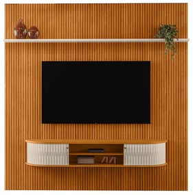 Painel TV 75 Pol 238cm Kalven e Bancada Suspensa Aurenzo Cinamomo/Off White M20 - D'Rossi