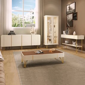 Conjunto 1 Cristaleira 1 Buffet 1 Mesa de Centro e 1 Aparador Texas/Virginia/Rennes Off White/Castanho G26 - Gran Belo