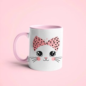 Caneca Gatinha Miau Geek Nerd Branca com Alça Rosa Claro
