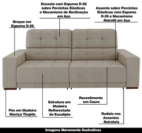 Sofá Sala de Estar Retrátil e Reclinável 3 Lugares Lisboa 210cm Couro Off White G58 - Gran Belo
